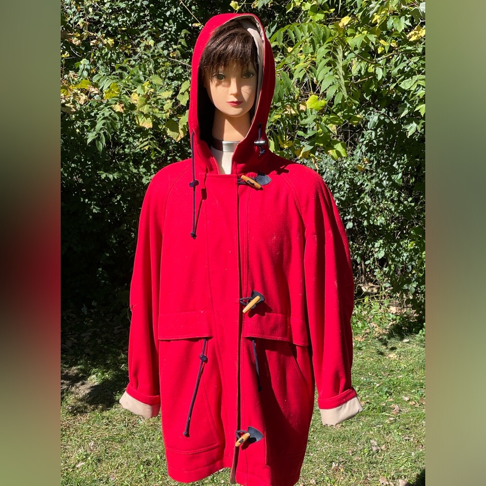 Vintage Herman Kay Red Wool Overcoat Wood Toggle Buttons Medium Size 10